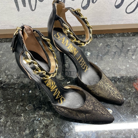 Sam & Libby SZ 6 Snakeskin Look High Heals with Gold Metallic Black Gorgeous - Picture 3 of 7